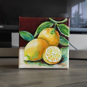 Lemon Fruit Original Handmade Oil Painting on Canvas, 4x4 Kitchen Citrus Fruit Painting, Shelf Decor Idea Small Kitchen Art, One of a Kind
