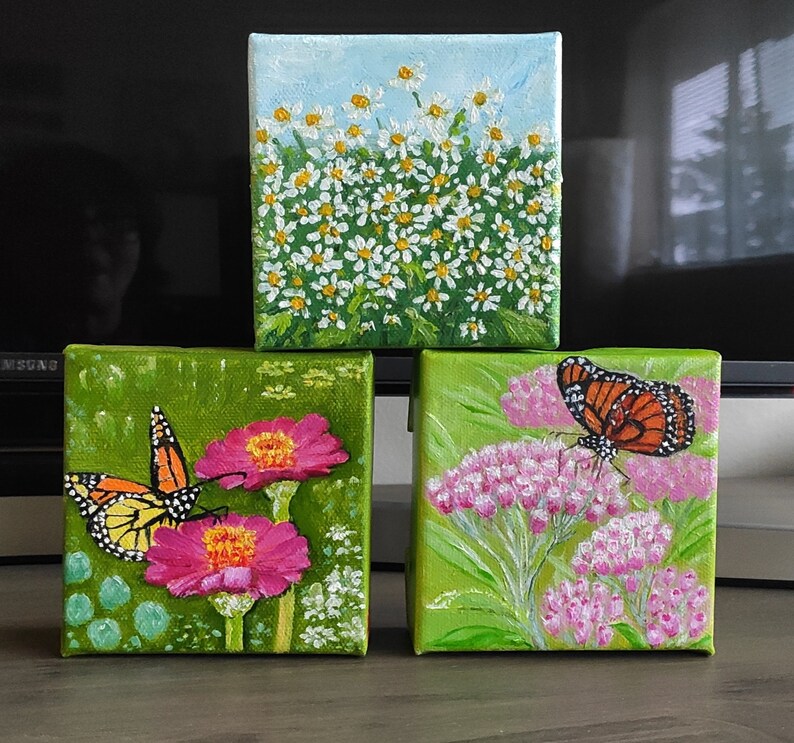 Original Oil Art Painting on Canvas Wildflowers Chamomile, Field of