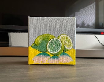 Lime Oil Painting: Original Kitchen Fruit Art, 4x4 Canvas