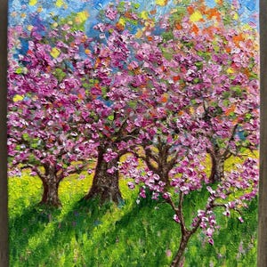 Impressionist Peach Garden Oil Painting: Spring Blossom Canvas Art