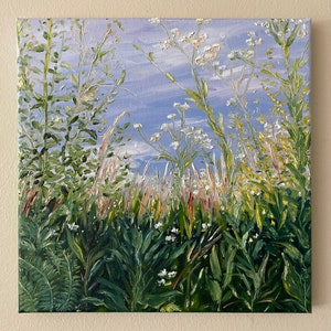 Wildflowers Meadow Original Handmade Oil Painting on Canvas, 10&quot;x10&quot; Landscape Impressionist Painting, One of a Kind, Gallery Wall Art, Gift