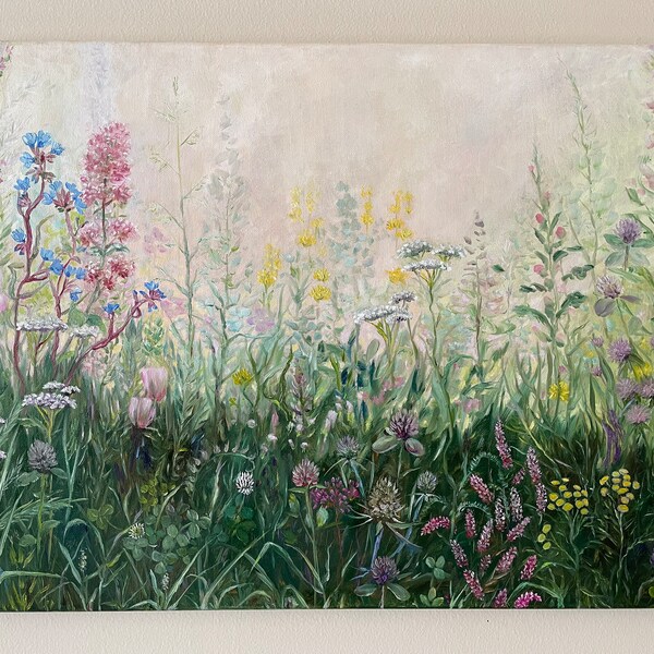 Peinture à l'huile originale faite main de prairie de fleurs sauvages sur la toile, peinture impressionniste de paysage de vallée verte, unique en son genre, cadeau