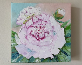 Peony Original Handmade Oil Painting on Canvas, 6x6 Palette Knife Impasto Peony Painting, Floral Gallery Wall Art, One of a Kind, Gift