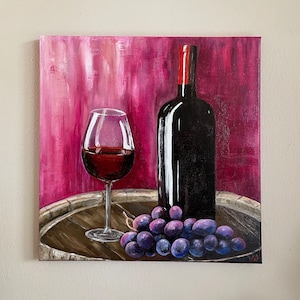 Bottle and Glass of Red Wine Original Handmade Oil Painting on Canvas, Bunch of Grapes, Barrel of Wine Painting,  One of a Kind, Gift