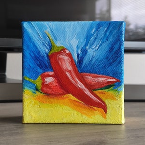 Chili Peppers Original Handmade Oil Painting on Canvas,  Kitchen Vegetables Painting, Tiny Food Kitchen Gift, One of a Kind