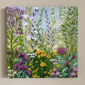 Original Handmade Oil Painting on Canvas Wildflowers Meadow, 10x10 Landscape Impressionist Painting, One of a Kind, Gallery Wall Art, Gift afbeelding 3