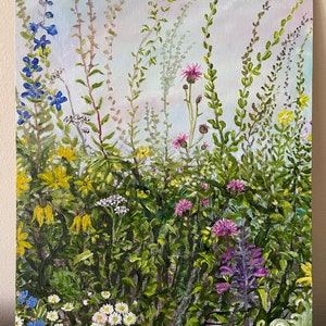 Wildflowers Meadow,Original Handmade Oil Painting on Canvas Panel, Green Valley Landscape Impressionist Painting, One of a Kind, Gift