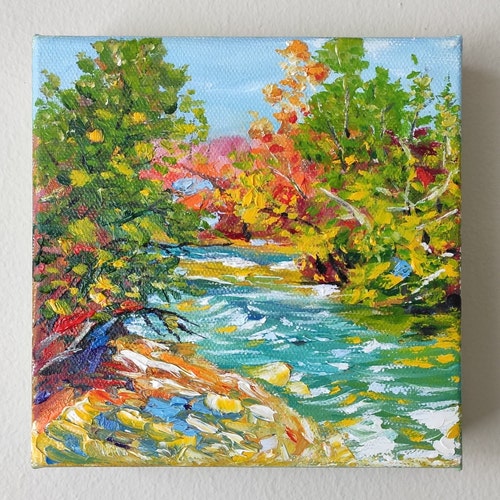 River buy Landscape, 6x6 Original Oil Art Painting on Canvas, Dancing River Painting, Gallery Wall Art