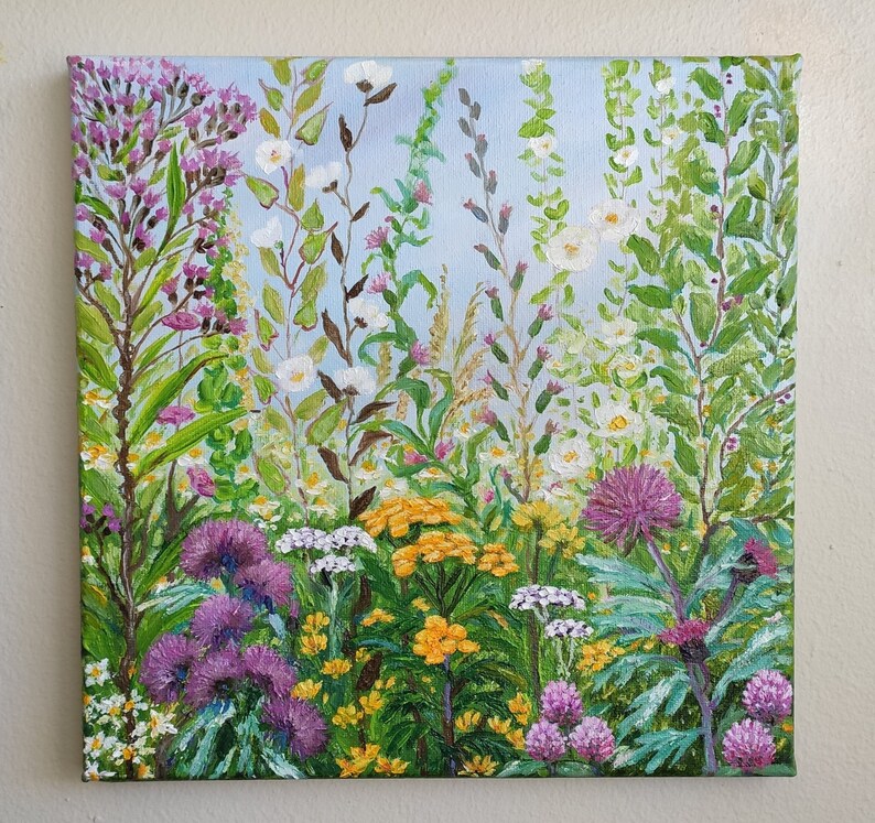 Original Handmade Oil Painting on Canvas Wildflowers Meadow, 10x10 Landscape Impressionist Painting, One of a Kind, Gallery Wall Art, Gift afbeelding 6