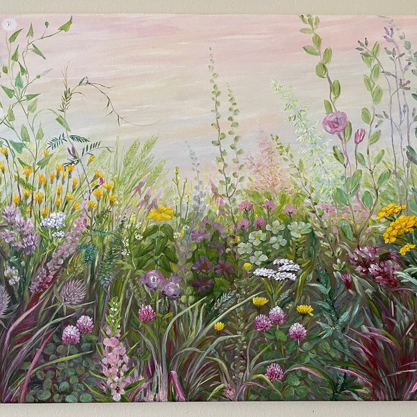 Prado de flores silvestres Pintura al óleo original hecha a mano sobre lienzo, Pintura impresionista del paisaje del campo del valle verde, único en su tipo, regalo