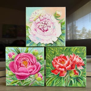 Peonies Oil Painting Set of 3: Original Floral Canvas Art, 6x6 Gallery Wall