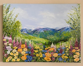 Wildflowers Mountain Landscape Original Oil Art Painting on Canvas, Bright Palette Knife Handmade Painting, One of a Kind Gift