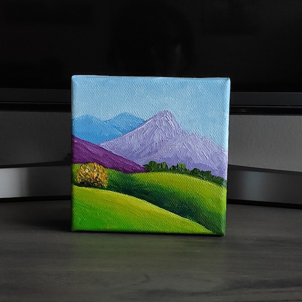 Mountain Landscape Original Oil Painting on Canvas, 4"x4" Rural Landscape Painting, Gallery Wall Art, Gift