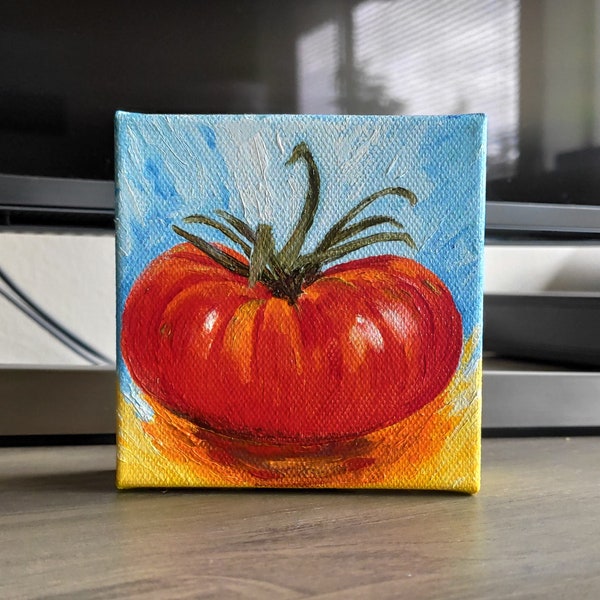 Red Tomato Original Handmade Oil Painting on Canvas, Kitchen Vegetables Painting, Tiny Food Kitchen Gift, One of a Kind