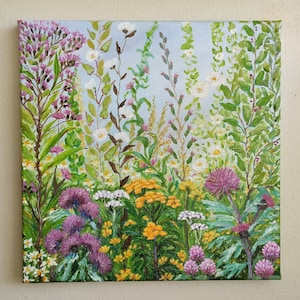 Original Handmade Oil Painting on Canvas Wildflowers Meadow, 10x10 Landscape Impressionist Painting, One of a Kind, Gallery Wall Art, Gift afbeelding 4