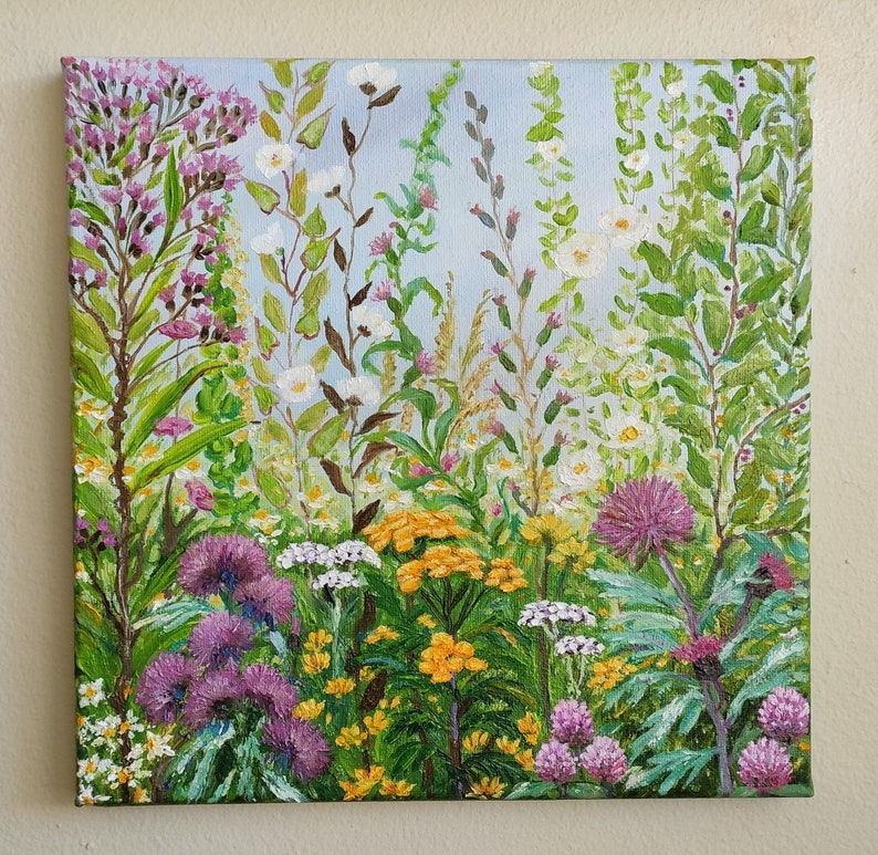 Original Handmade Oil Painting on Canvas Wildflowers Meadow, 10x10 Landscape Impressionist Painting, One of a Kind, Gallery Wall Art, Gift afbeelding 4