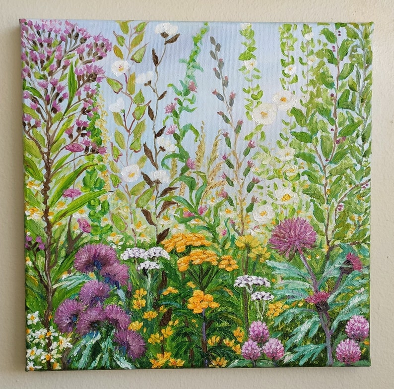 Original Handmade Oil Painting on Canvas Wildflowers Meadow, 10x10 Landscape Impressionist Painting, One of a Kind, Gallery Wall Art, Gift afbeelding 5