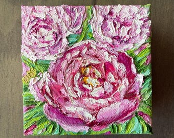 Peony Oil Painting on Canvas: Original Handmade Textured Floral Art, 4"x4"