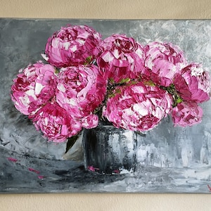 Peonies Original Handmade Oil Painting on Canvas, Pink Abstract Peonies in a Vase Painting, Palette Knife Painting, One of a Kind, Gift