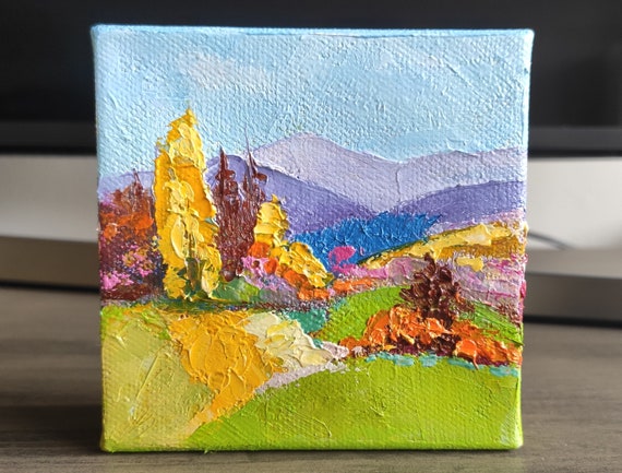 Original Oil Painting on Canvas 4x4, Country Landscape, Abstract