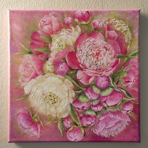 Peonies Original Handmade Oil Art Painting on Canvas, Bride&#39;s Bouquet Painting, One of a Kind, Gift for Flower Lovers