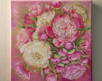 Peonies Original Handmade Oil Art Painting on Canvas, Bride's Bouquet Painting, Gallery Floral Wall Art, One of a Kind, Gift