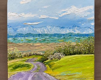 The Road to the Mountains Oil Painting on Canvas, Rolling Hills  Landscape Original Artwork, 10x10"