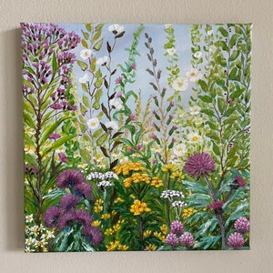 Original Handmade Oil Painting on Canvas Wildflowers Meadow, 10x10 Landscape Impressionist Painting, One of a Kind, Gallery Wall Art, Gift afbeelding 1