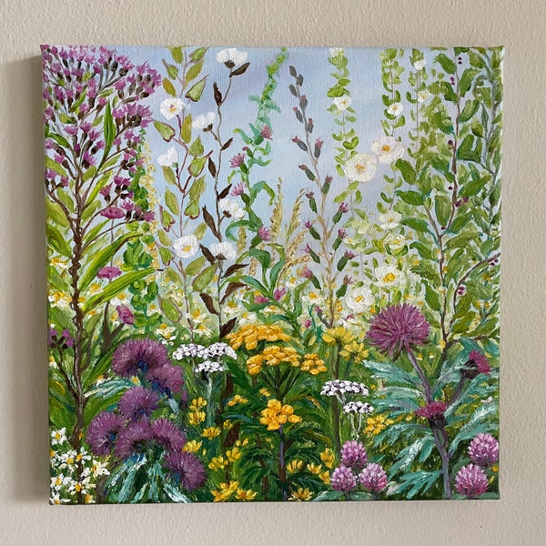 Peinture à l'huile originale faite main sur toile prairie de fleurs sauvages, peinture impressionniste de paysage 10 x 10 po, pièce unique en son genre, art mural de galerie, cadeau