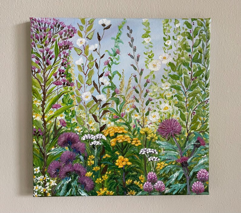 Original Handmade Oil Painting on Canvas Wildflowers Meadow, 10x10 Landscape Impressionist Painting, One of a Kind, Gallery Wall Art, Gift afbeelding 1