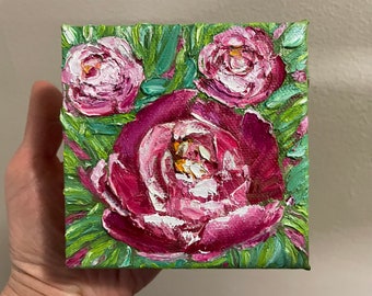 Peony Original Oil Painting on Canvas, 4x4 Handmade Abstract Impasto Peonies Painting, Gallery Wall Art, One of a Kind, Gift