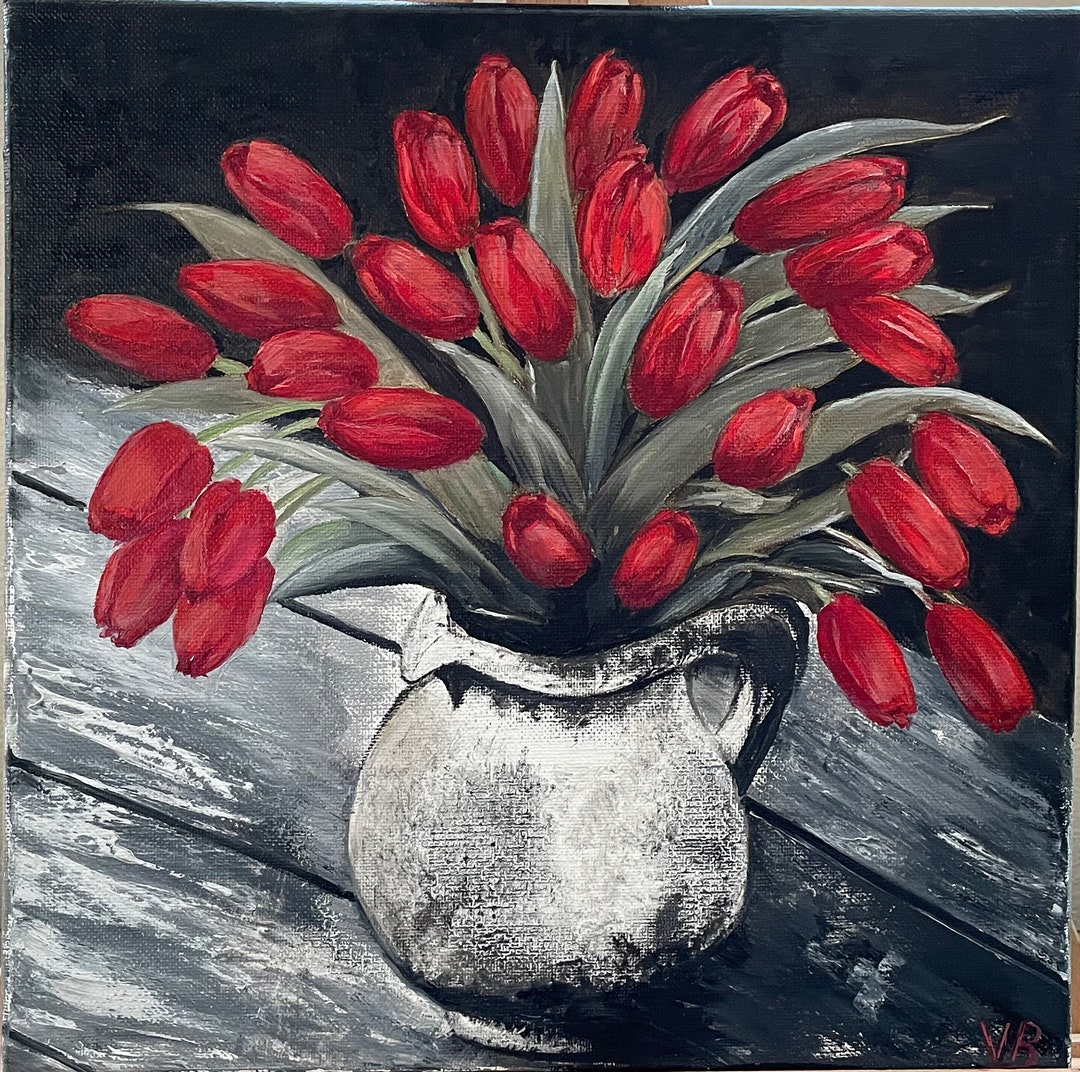 Red Tulips Oil Painting on Canvas: Original Floral Still Life Art ...