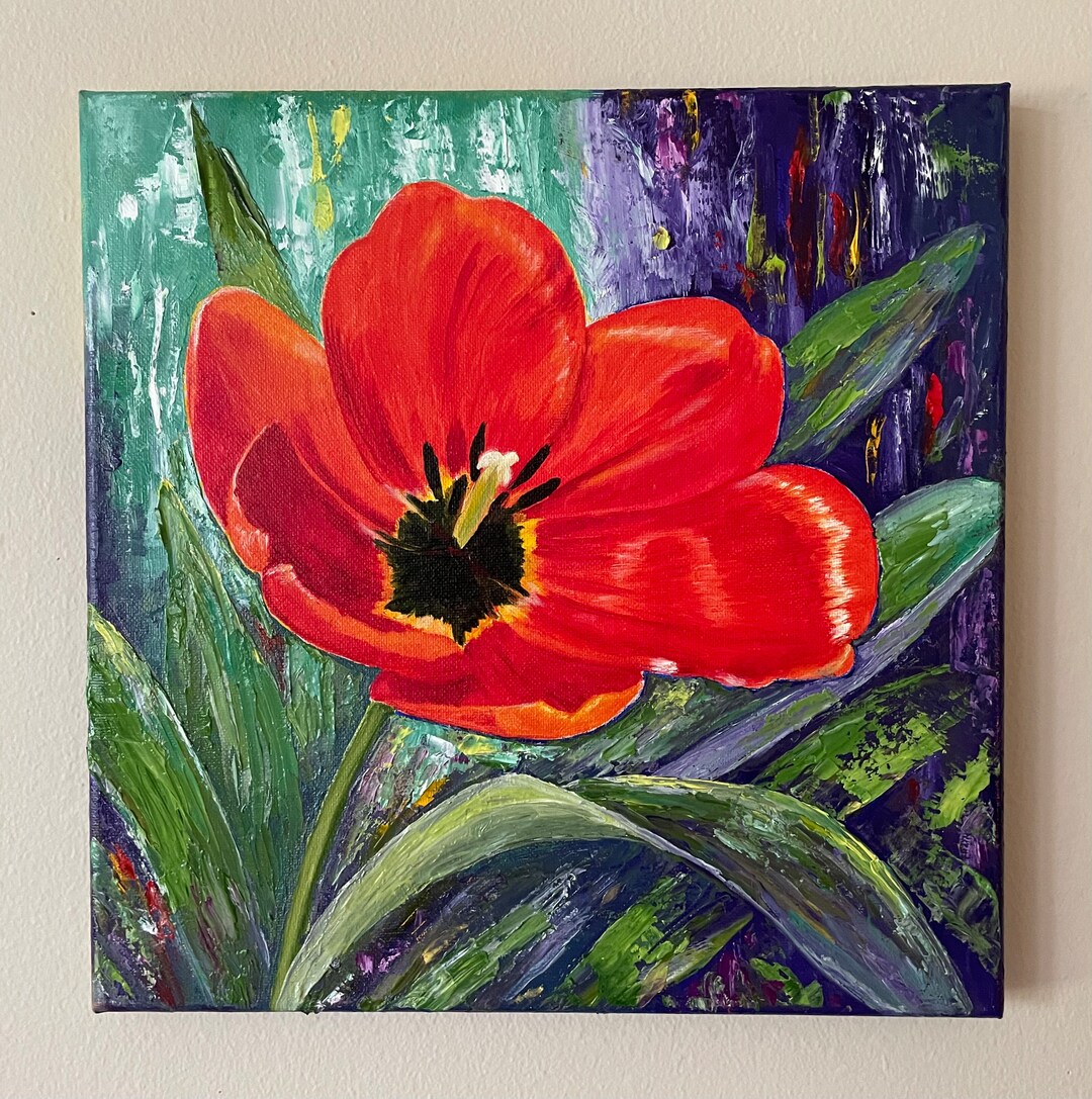 Red Tulip Oil Painting on Canvas: Original Handmade Floral Art (12x12 ...
