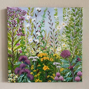 Original Handmade Oil Painting on Canvas Wildflowers Meadow, 10x10 Landscape Impressionist Painting, One of a Kind, Gallery Wall Art, Gift afbeelding 8