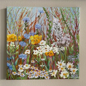 Wildflowers Meadow Original Handmade Oil Painting on Canvas, 10&quot;x10&quot; Landscape Impressionist Painting, One of a Kind, Gallery Wall Art, Gift