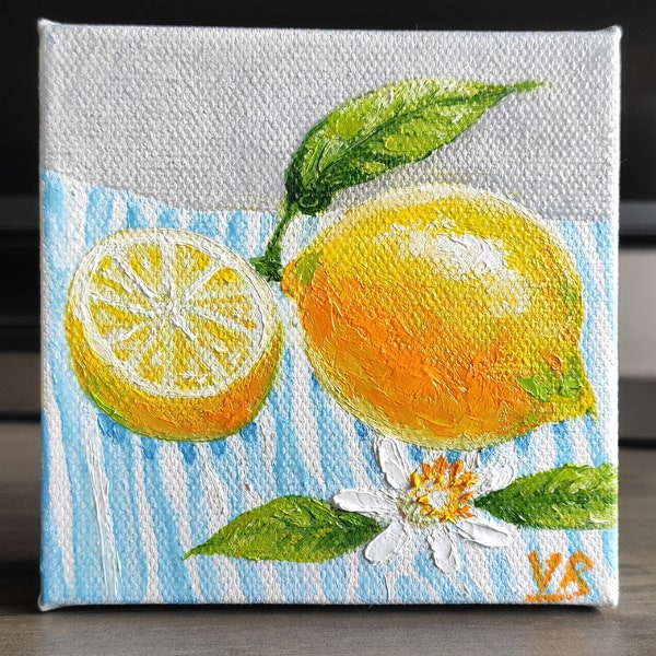 Lemon Original Handmade Oil Painting on Canvas, 4x4 Kitchen Fruit Still Life Painting, Small Food Kitchen Art  One of a Kind, Gift