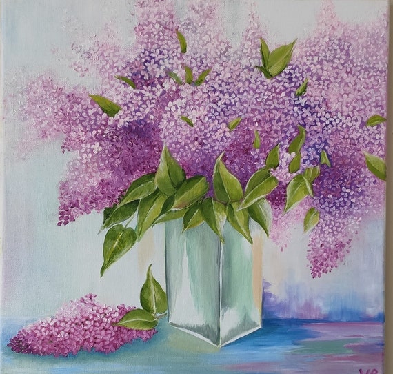 Original Still Life Oil Art Painting on Canvas Lilac Flowers Purple ...