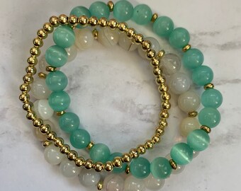 Blaues Aqua, Weißer Achat und Gold Perlen Armband Set