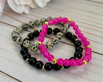 Fuchsia, Dalmatian Jasper and Black Onyx Beaded Bracelet Set