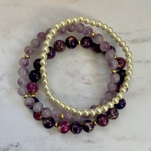 Purple, Champagne and Gold Beaded Bracelet Set