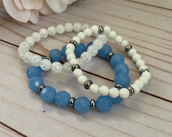 Periwinkle blau, Kristall und weiß Perlen Armband Set