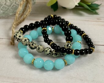 Blue Aqua, Dalmatian Jasper and Black Beaded Bracelet Set