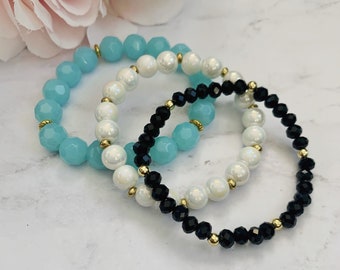 Blaue Aqua, weißer Marmor und schwarze Perlen Armband Set