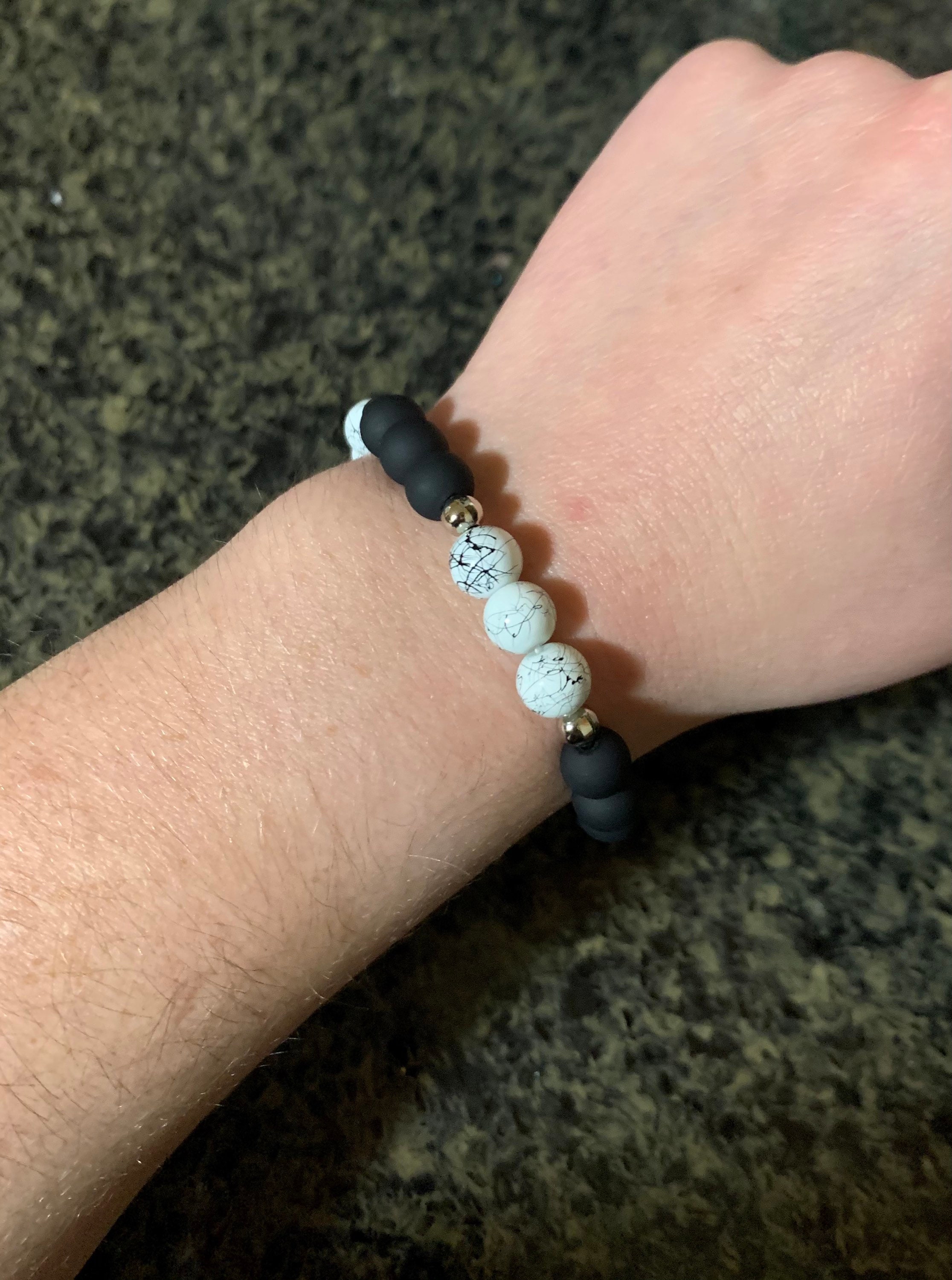 White Marble and Matte Black Beaded Bracelet Etsy UK