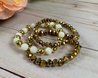 Faceted Gold and White Beaded Bracelet Set