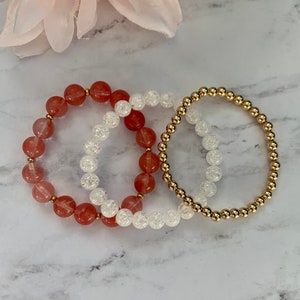 Pink, Clear Crystal and Gold Beaded Bracelet Set
