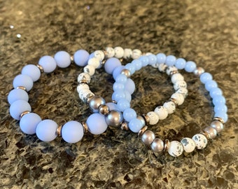 Sky Blue and White Marble Beaded Bracelet Set
