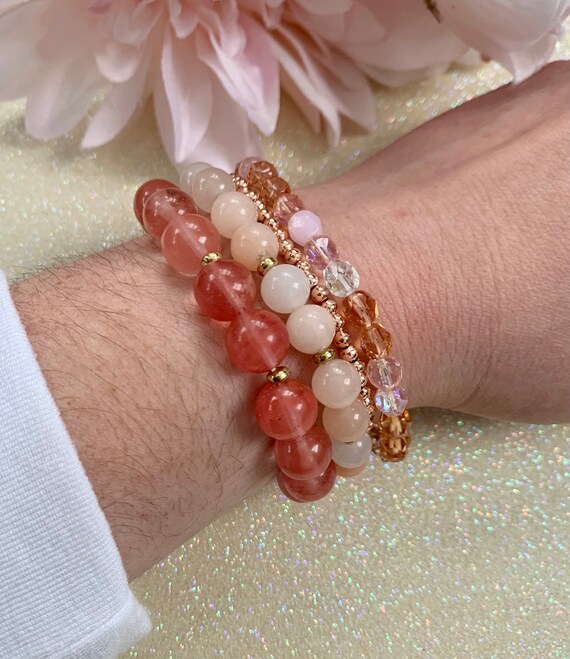 Pink and Rose Gold Beaded Bracelet Set - Etsy