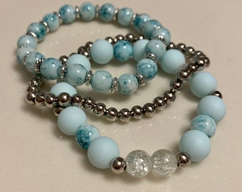 Hellblau und Silber Perlen Armband Set