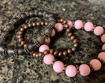 Light Pink, Black and Copper Beaded Bracelet Set